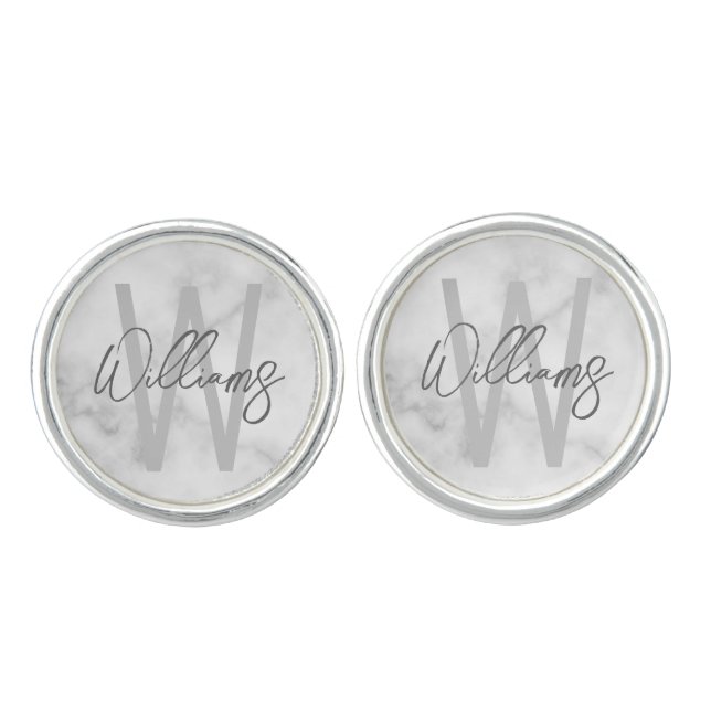 White Marble Script Personalized Monogram and Name Cufflinks (Front)