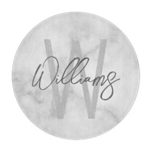 White Marble Script Personalized Monogram and Name Cutting Board