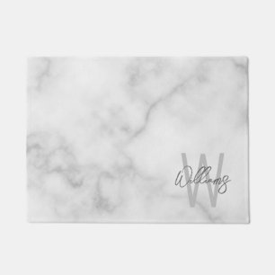 White Marble Script Personalized Monogram and Name Doormat