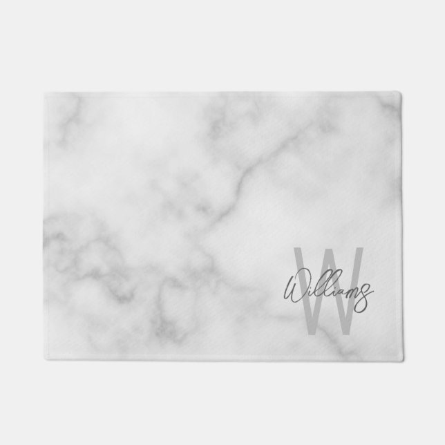 White Marble Script Personalized Monogram and Name Doormat (Front)
