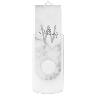 White Marble Script Personalized Monogram and Name Flash Drive