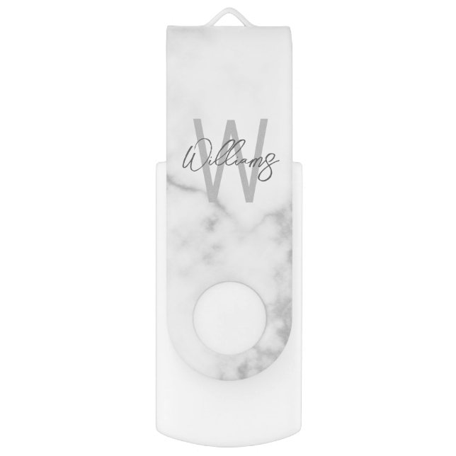 White Marble Script Personalized Monogram and Name Flash Drive (Front Vertical)