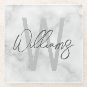White Marble Script Personalized Monogram and Name Glass Coaster