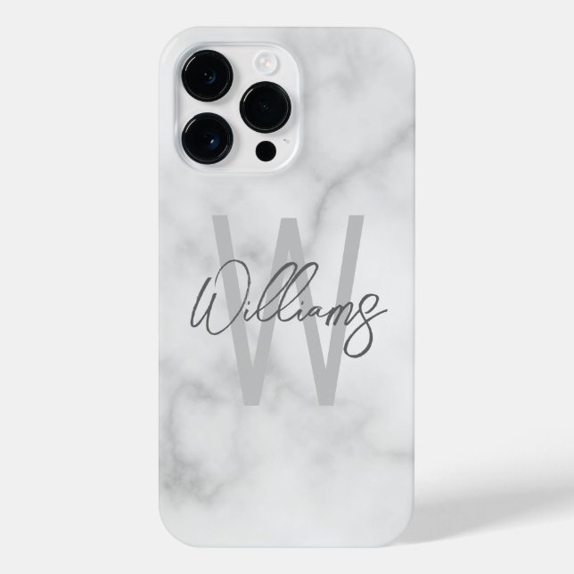 White Marble Script Personalized Monogram and Name iPhone Case (Back)