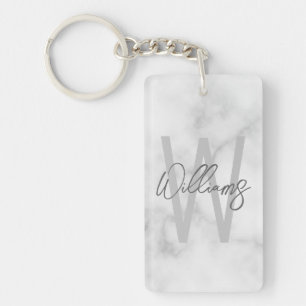 White Marble Script Personalized Monogram and Name Keychain