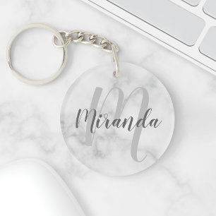 White Marble Script Personalized Monogram and Name Keychain