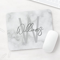 White Marble Script Personalized Monogram and Name Mouse Pad
