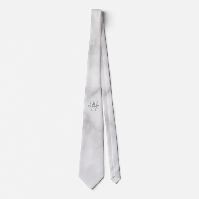 White Marble Script Personalized Monogram and Name Neck Tie (Front)