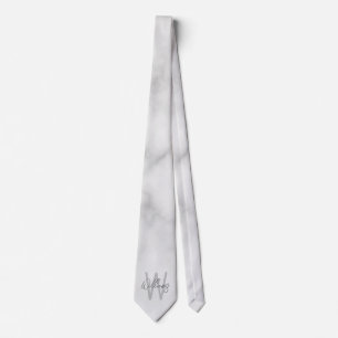 White Marble Script Personalized Monogram and Name Neck Tie