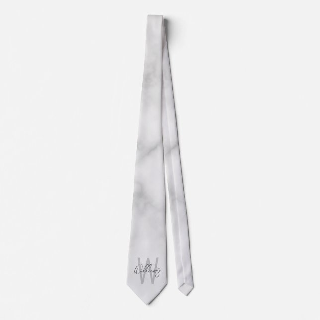 White Marble Script Personalized Monogram and Name Neck Tie (Front)
