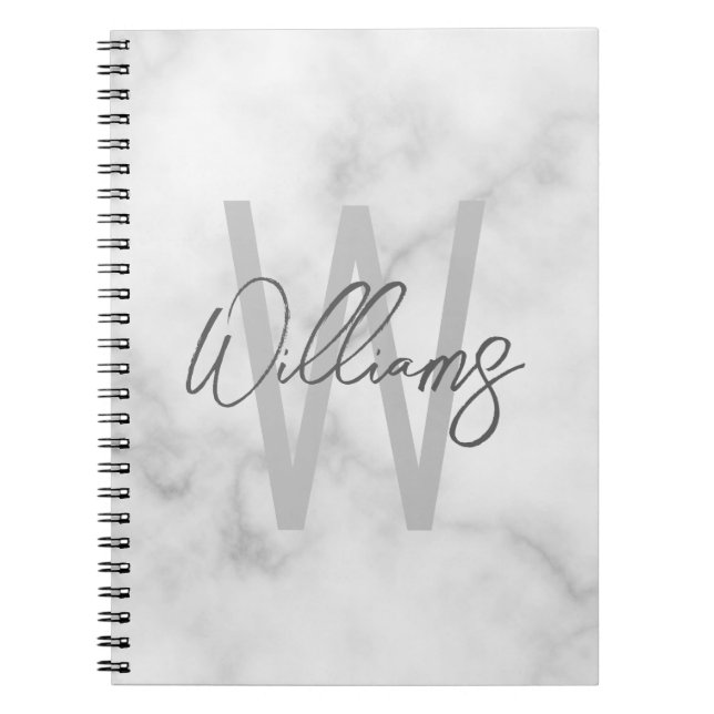 White Marble Script Personalized Monogram and Name Notebook (Front)