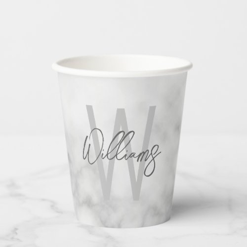 White Marble Script Personalized Monogram and Name Paper Cups