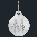 White Marble Script Personalized Monogram and Name Pet ID Tag<br><div class="desc">Keep your pet safe and never losing again with this pet tag featuring pet's name in grey modern handwriting script font style and monogram in light grey modern sans serif font style as background, on white marble background. with owner's contact information QR code on the back of the tag. Perfect...</div>