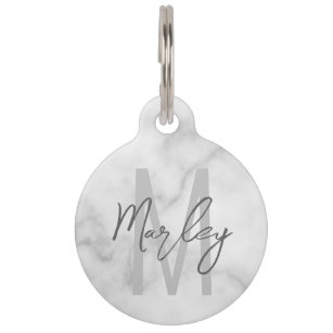 White Marble Script Personalized Monogram and Name Pet ID Tag