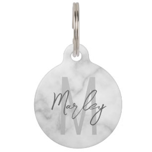 White Marble Script Personalized Monogram and Name Pet ID Tag