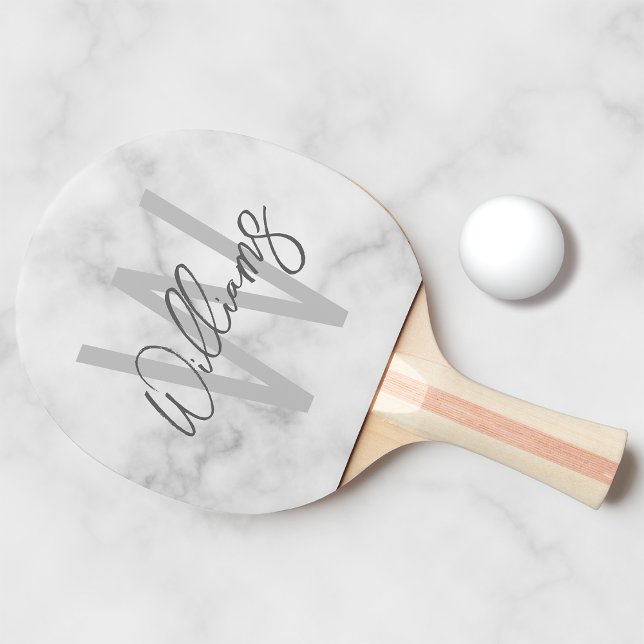 White Marble Script Personalized Monogram and Name Ping Pong Paddle (Creator Uploaded)