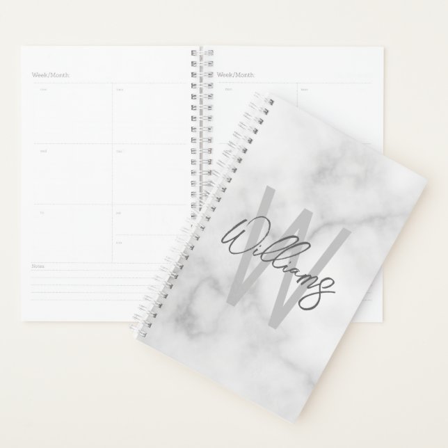 White Marble Script Personalized Monogram and Name Planner (Display)