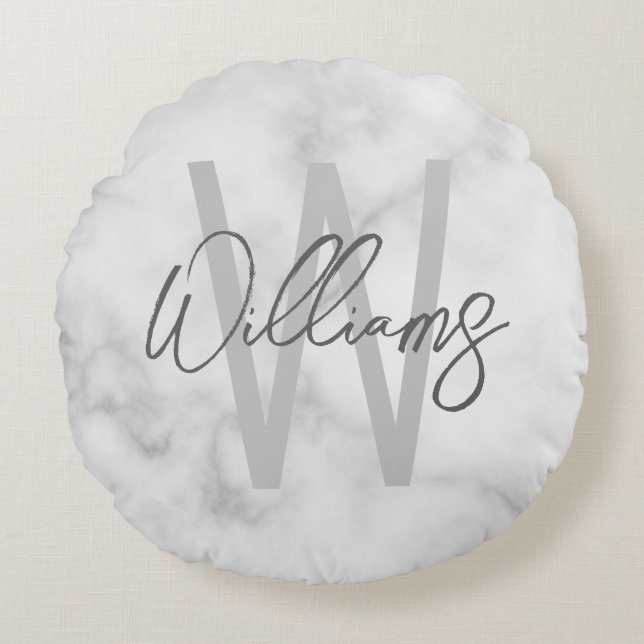 White Marble Script Personalized Monogram and Name Round Pillow (Front)