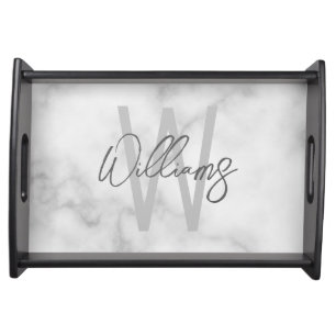 White Marble Script Personalized Monogram and Name Serving Tray