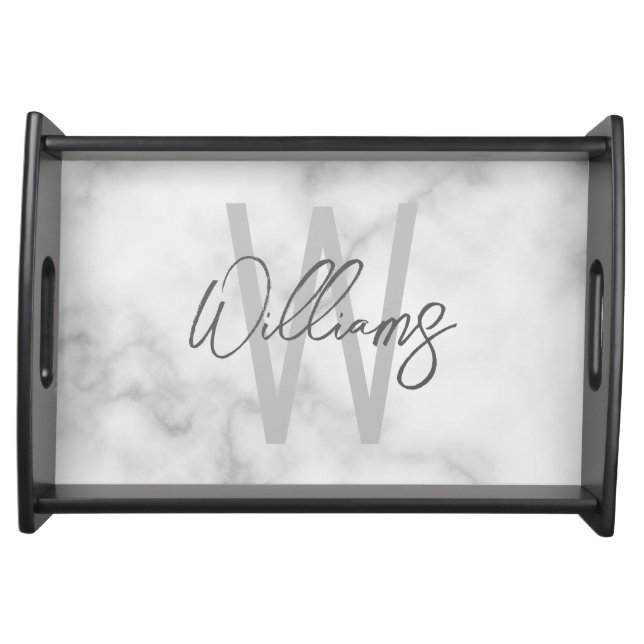 White Marble Script Personalized Monogram and Name Serving Tray (Front)