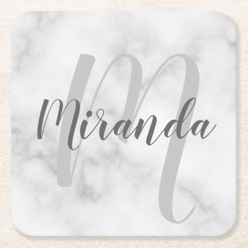 White Marble Script Personalized Monogram and Name Square Paper Coaster