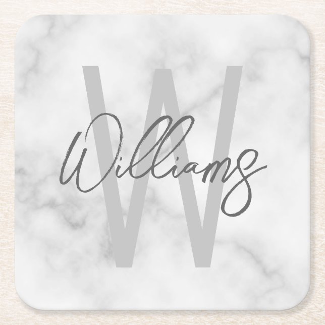 White Marble Script Personalized Monogram and Name Square Paper Coaster (Front)