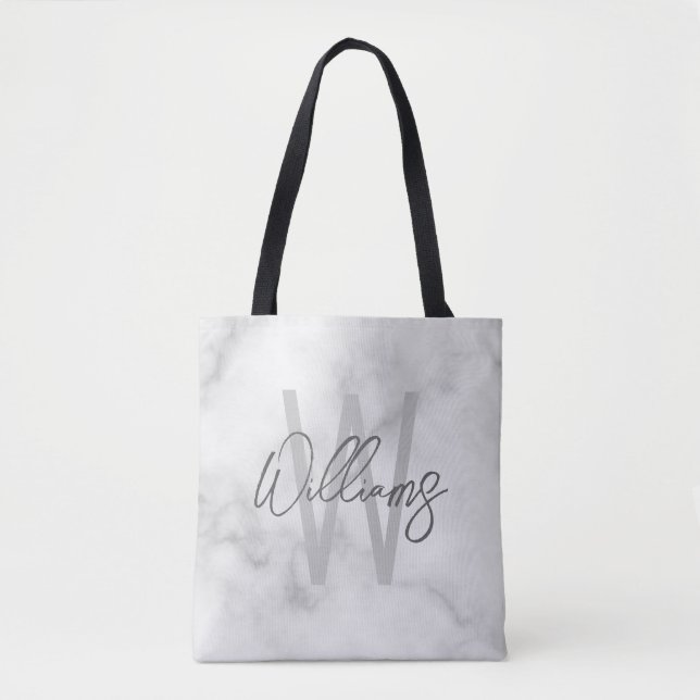White Marble Script Personalized Monogram and Name Tote Bag (Front)