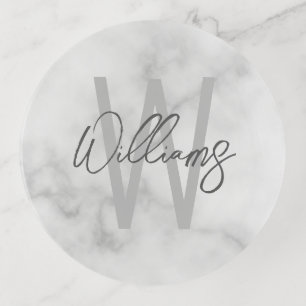 White Marble Script Personalized Monogram and Name Trinket Tray