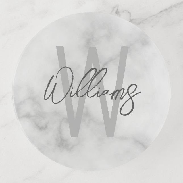 White Marble Script Personalized Monogram and Name Trinket Tray (Front)