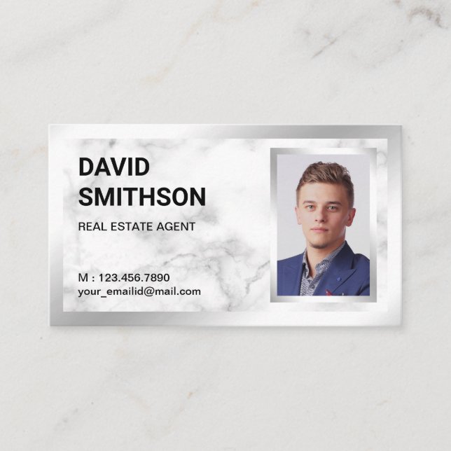 White Marble Silver Foil Real Estate Realtor Photo Business Card (Front)