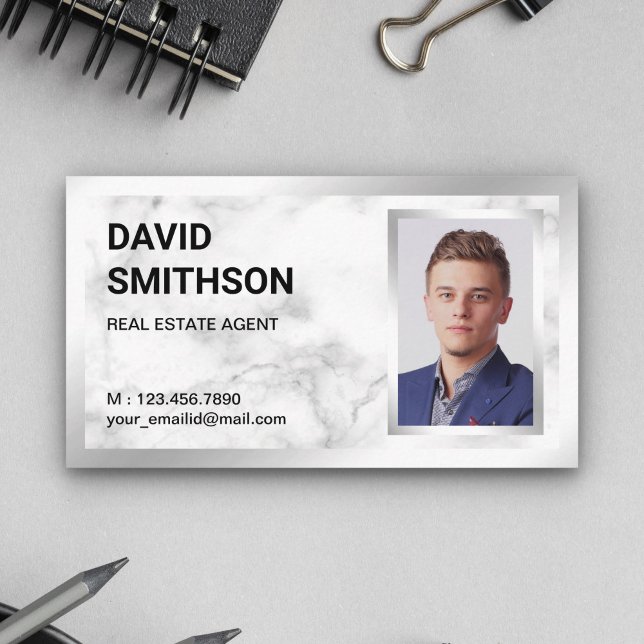 White Marble Silver Foil Real Estate Realtor Photo Business Card (Creator Uploaded)