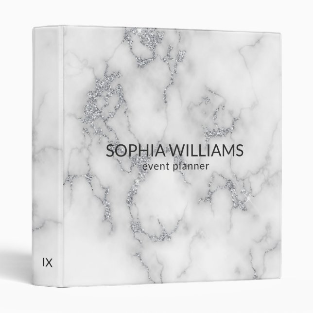White Marble Silver Glitter 3 Ring Binder (Front/Spine)