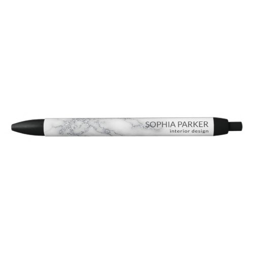 White Marble Silver Glitter Black Ink Pen