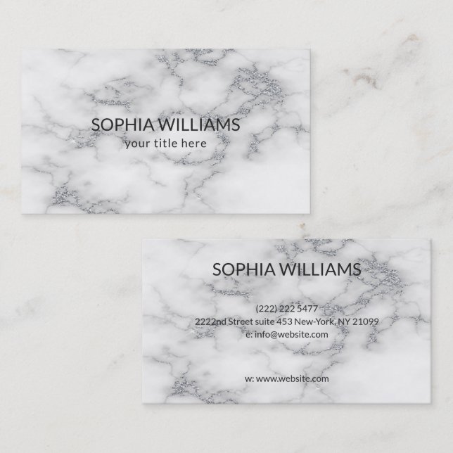 White Marble Silver Glitter Business Card (Front/Back)