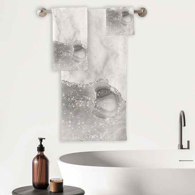White Marble Silver Glitter Gray Agate Bath Towel Set (Creator Uploaded)