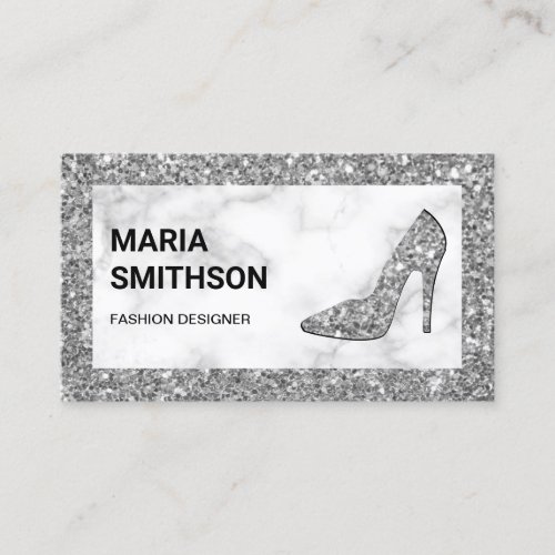 White Marble Silver Glitter High Heels Business Card