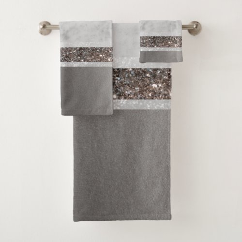 White Marble Silver Glitter Stripe Glam 1 Bath Towel Set