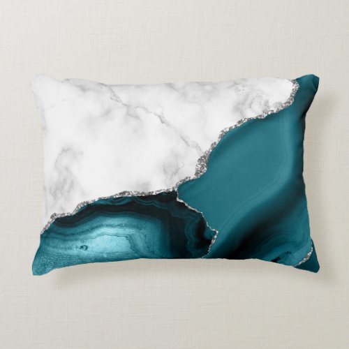 White Marble Silver Glitter Teal Agate Accent Pillow