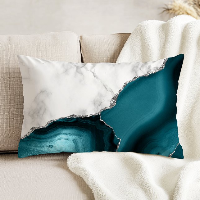 White Marble Silver Glitter Teal Agate Accent Pillow (Creator Uploaded)