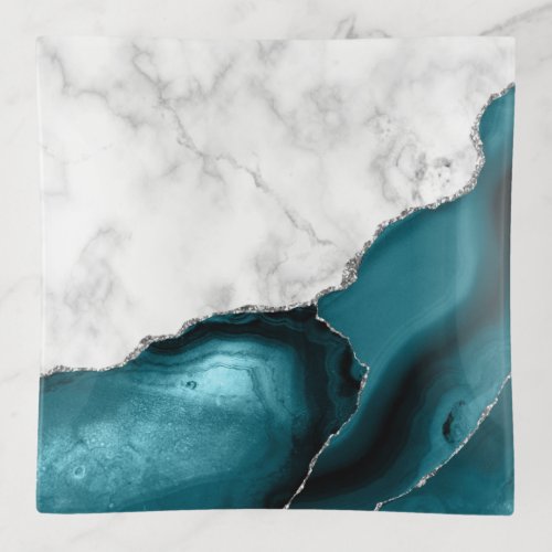 White Marble Silver Glitter Teal Agate Trinket Tray