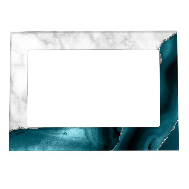 White Marble Silver Glitter Teal Blue Agate Magnetic Frame (Front)