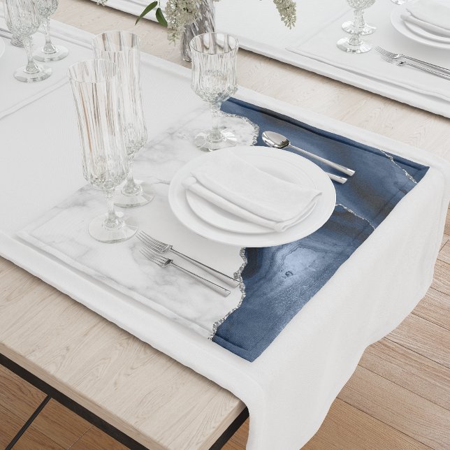 White Marble Silver Navy Blue Agate Cloth Placemat (Creator Uploaded)