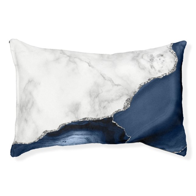 White Marble Silver Navy Blue Agate Pet Bed (Front)