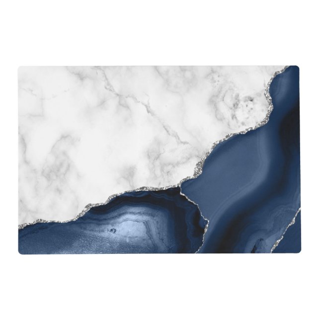 White Marble Silver Navy Blue Agate Placemat (Front)