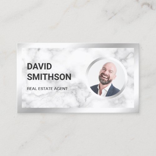 White Marble Steel Silver Photo Real Estate Agent Business Card