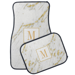 White Marble Stone And Gold Glitter Car Mat