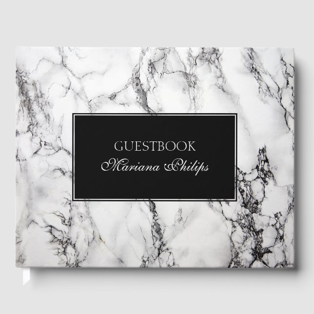 White Marble Stone Black Accents Guest Book (Front)