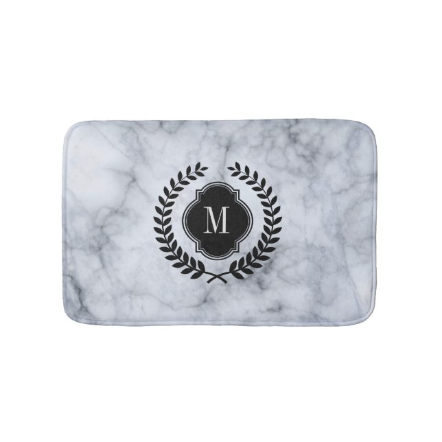 White Marble Stone Black Wreath Crest Bathroom Mat (Front)