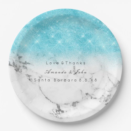 White Marble Stone Carrara Gray Ocean Glitter Paper Plates