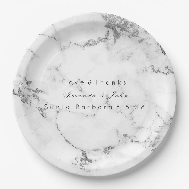White Marble Stone Carrara Gray Silver Minimal Paper Plates (Front)